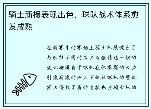 骑士新援表现出色，球队战术体系愈发成熟